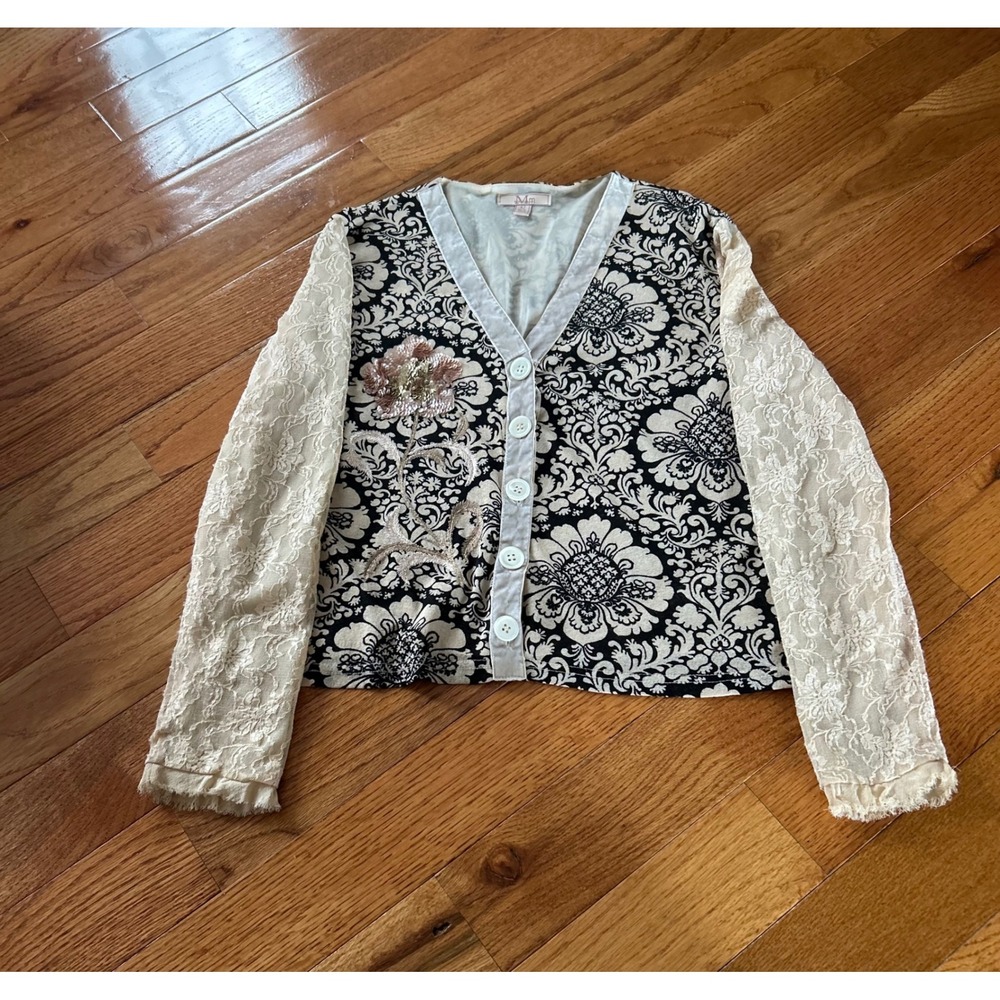 Michelle Damask Print Cardigan Lace Sleeves Sequin Floral Applique Cream Black 8